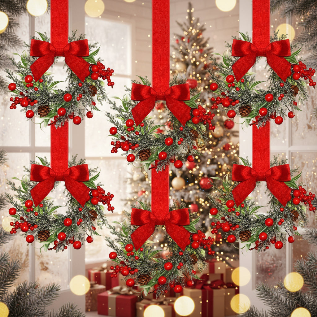 Christmas Wreath Hanging Red Bow Pinecone Holiday Decor