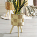 Bohemian Bamboo Woven Flower Stand | Handcrafted Rattan Planter with Wooden Legs