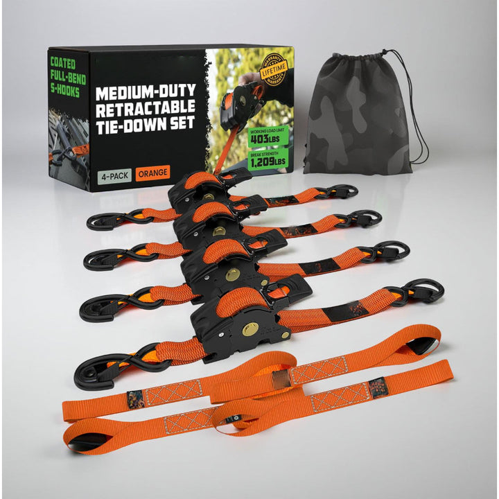 Ratchet Straps Cargo Retractable Tie Down Heavy Duty Hook Set